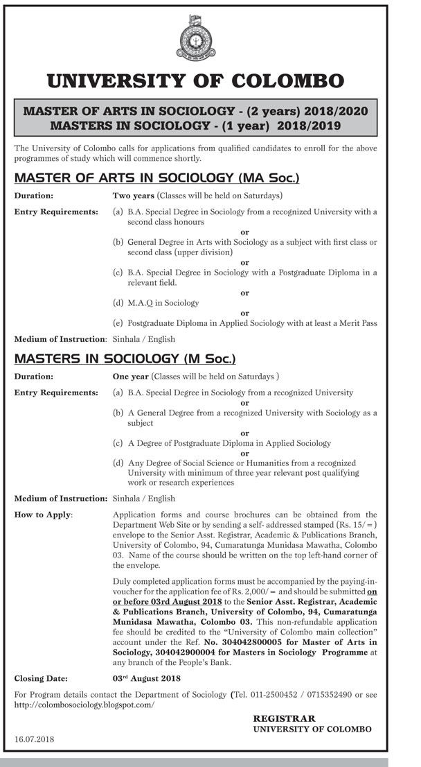 Master of Arts in Sociology, Masters in Sociology - University of Colombo